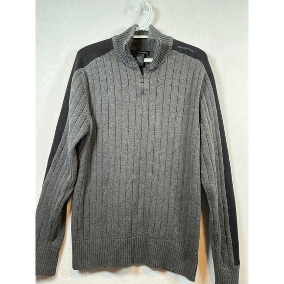 Calvin Klein Jeans Mens Gray Ribbed Quarter Zip Pullover Sweater Large - Picture 1 of 7
